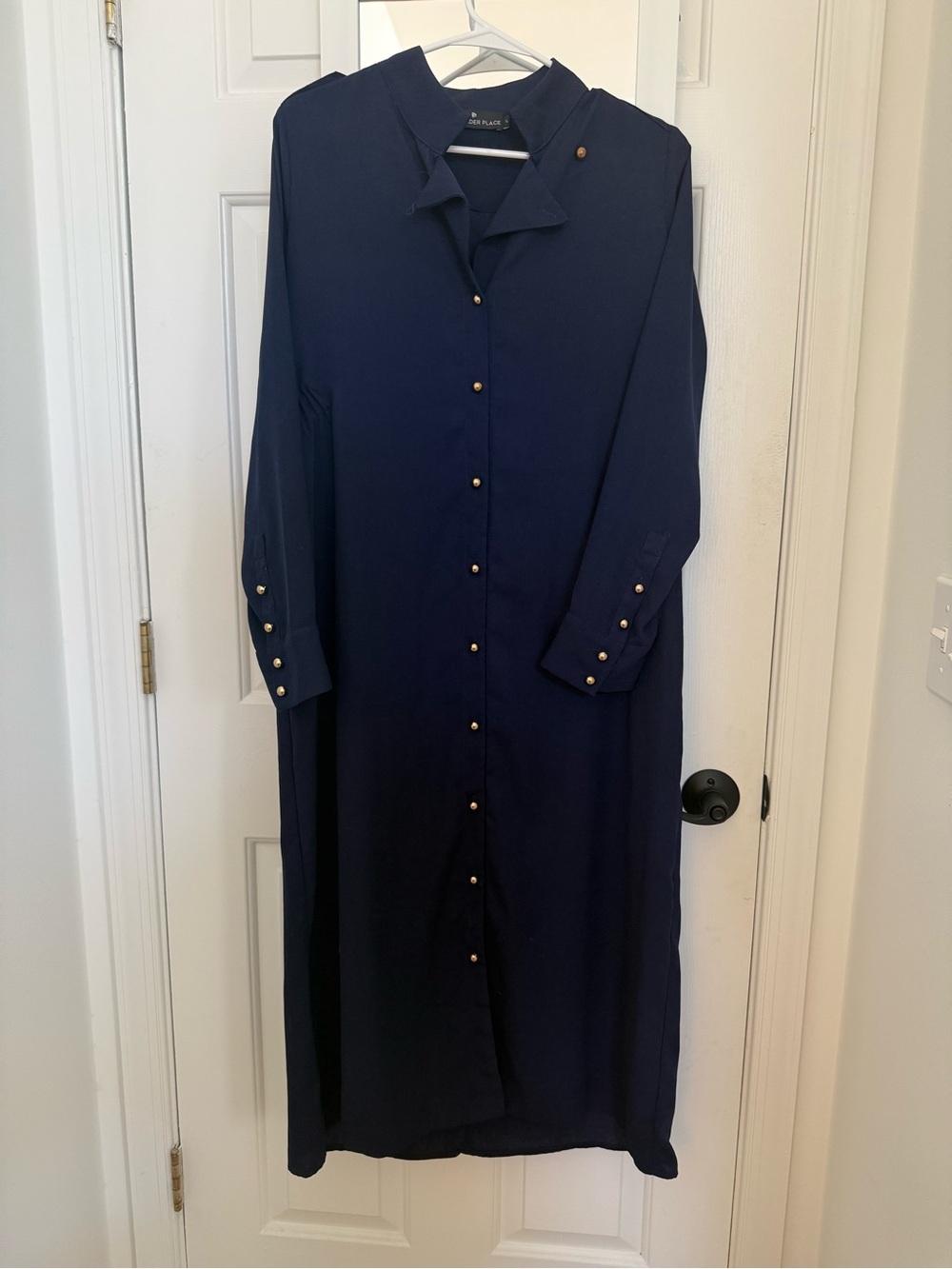 Pomander Place Navy Maxi Shirt Dress with Gold Buttons